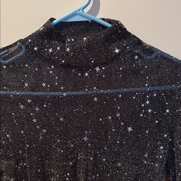 MangoPop Sheer Star Print Mock Neck Top Black Size M - Picture 2 of 6